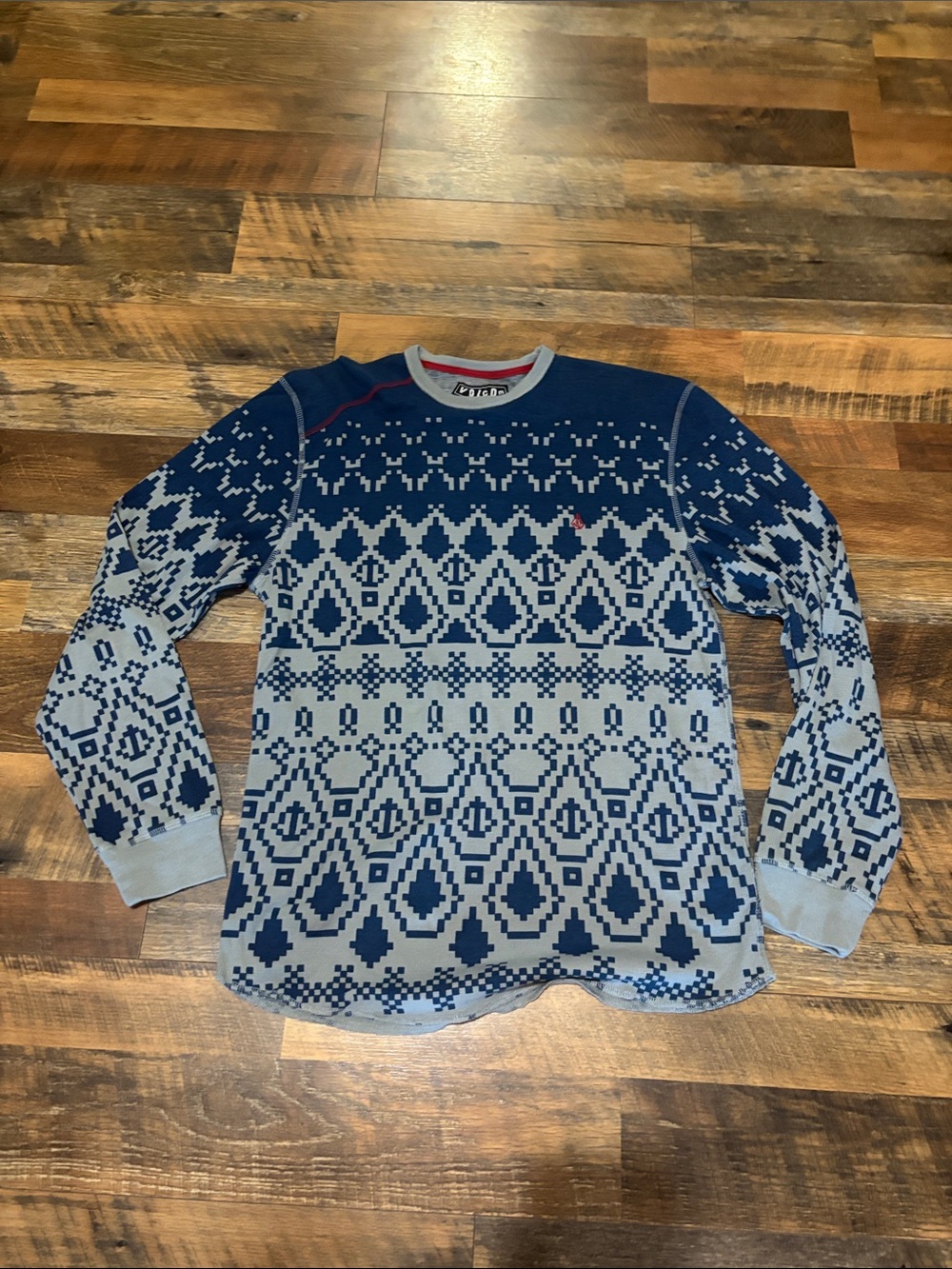 Volcom Blue and Light Gray Fair Isle Crewneck thermal